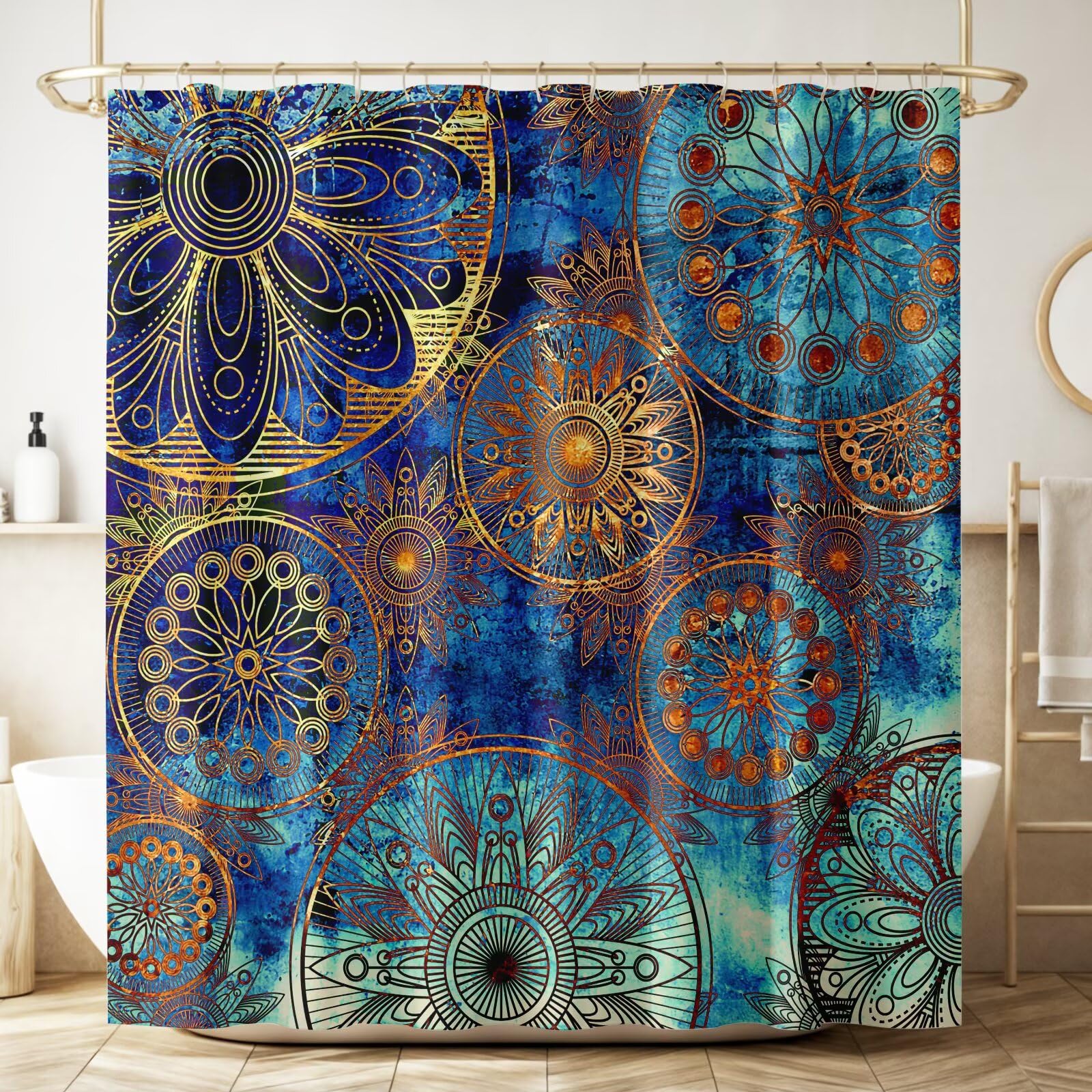 Amazon｜ZhiRain ボーホー 花柄 シャワーカーテン レトロ 曼荼羅 花